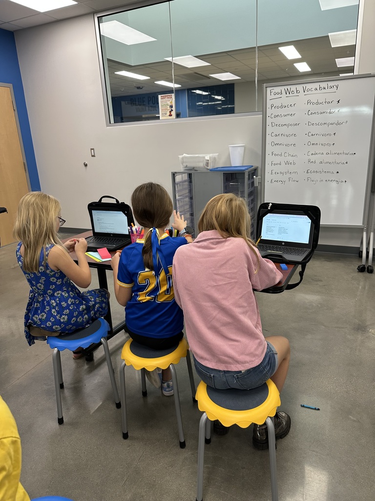 5th graders are working on a project about food webs in the makerspace. This unit fulfills some science standards in addition to learning about research and trustworthy websites. Students are collaborating with a team and using their creativity to teach others about their research including the importance of biodiversity within a food web.