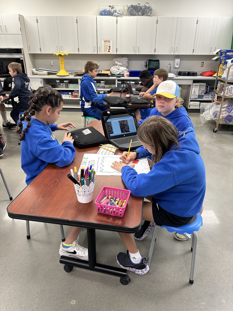 5th graders are working on a project about food webs in the makerspace. This unit fulfills some science standards in addition to learning about research and trustworthy websites. Students are collaborating with a team and using their creativity to teach others about their research including the importance of biodiversity within a food web.