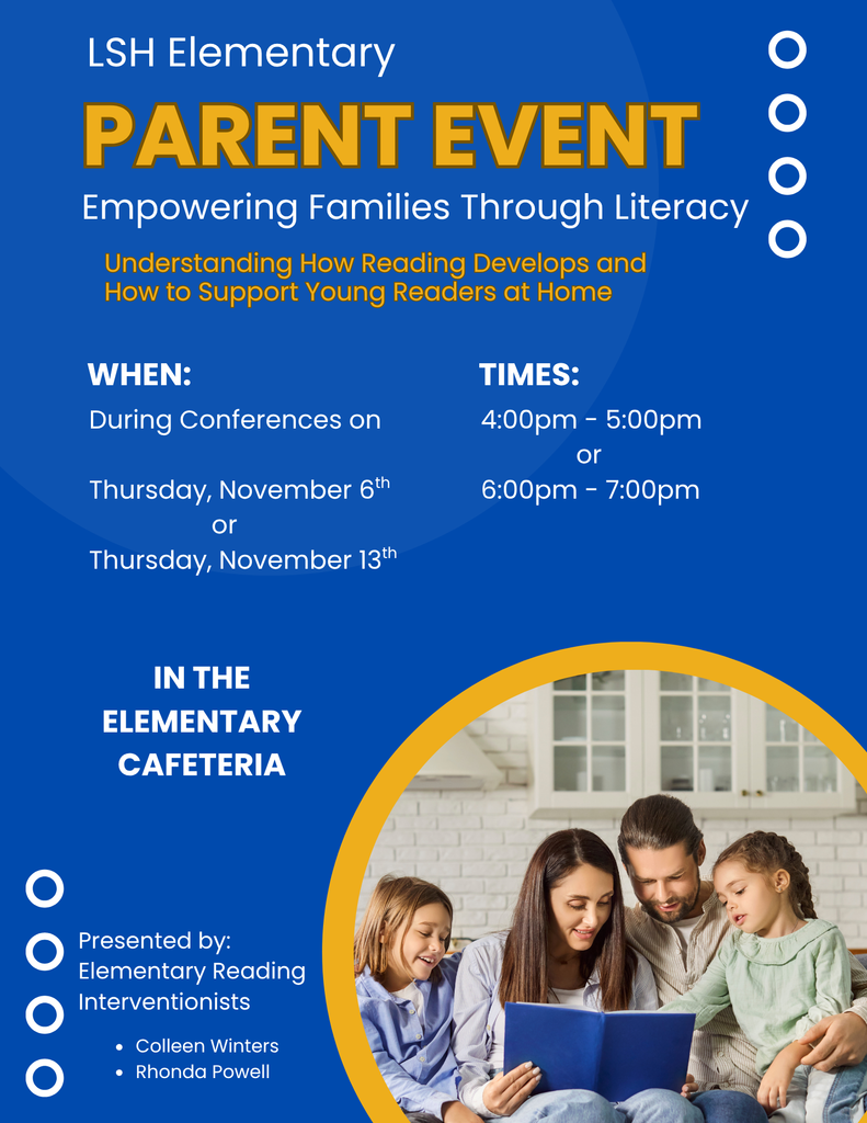 During fall conferences, we invite parents to stop by our Family Literacy Event before or after your child's conference to learn more about how we support reading and writing at school—and how you can help at home!  Come to learn about the Science of Reading, and pick up resources to use at home.  We look forward to seeing you there!  Durante las conferencias de otoño, invitamos a los padres a visitar nuestro evento de Alfabetización Familiar antes o después de la conferencia de sus hijos para obtener más información sobre cómo apoyamos la lectura y la escritura en la escuela, ¡y cómo pueden ayudar en casa!  Vengan a aprender sobre la ciencia de la lectura y obtengan recursos para usar en casa.  ¡Los esperamos!