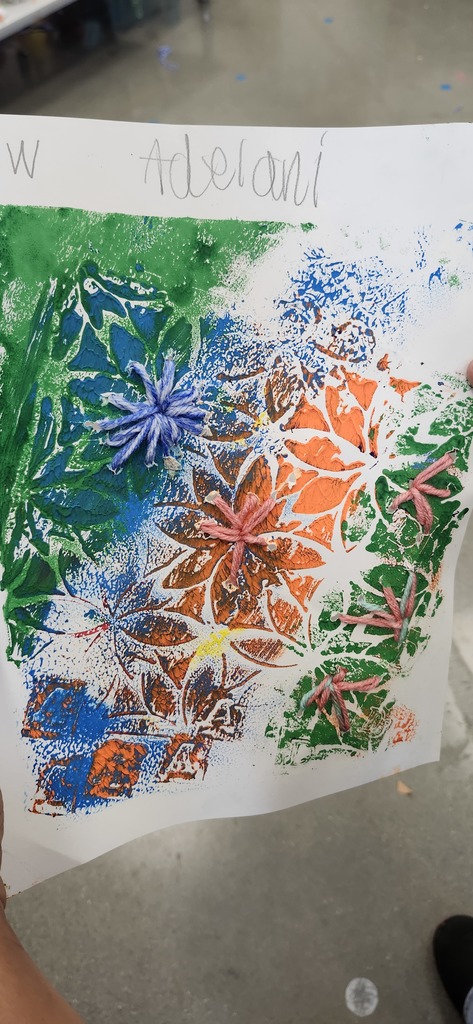 In art, 3rd graders had fun layering on top of their monoprints/gelli prints with stitching today. I love how thoughtful they were about where they placed the stitching.