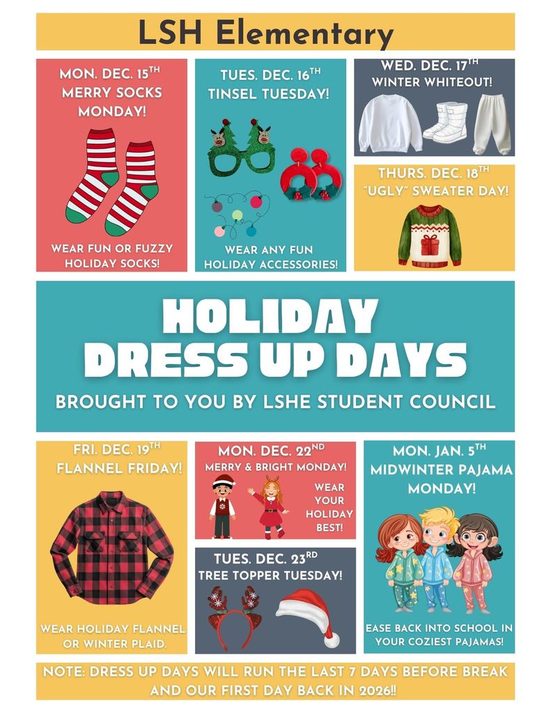 Elementary dress-up days for December 15-January 5th
