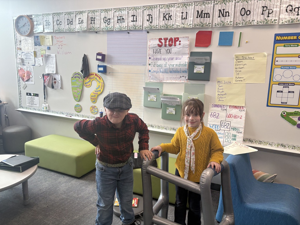 Many kids enjoyed participating in dress up days last week.   The following pictures represent "Dress as your favorite book character" and "Dress like 100 years old" for the 100th day of school. 