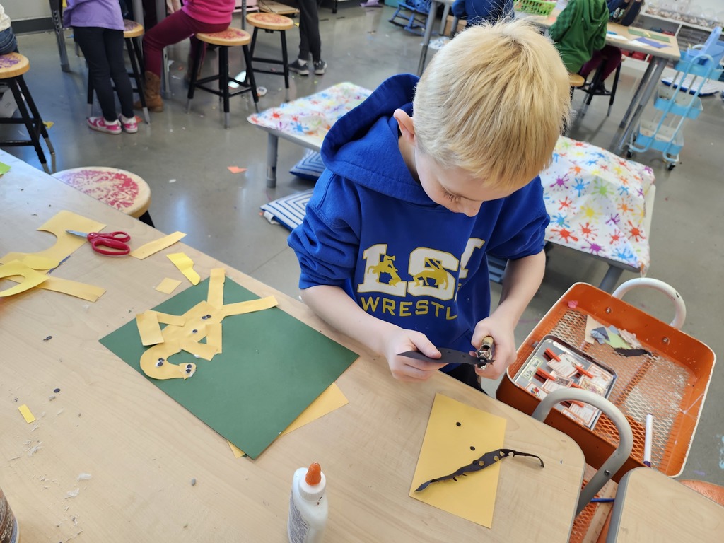 Students in grades K-2 will be going to Stages Theater to see the play Giraffes Can't Dance.  In art we listened to the book, talked about how our bodies bend when we do our favorite dance move, then created collages of giraffes doing that move. Students will also be reading the book in their classrooms and doing academic activities that connect.  This field trip is funded by a grant from the MN State Arts Board made possible by the citizens of Minnesota through appropriations from the MN State Legislature. 