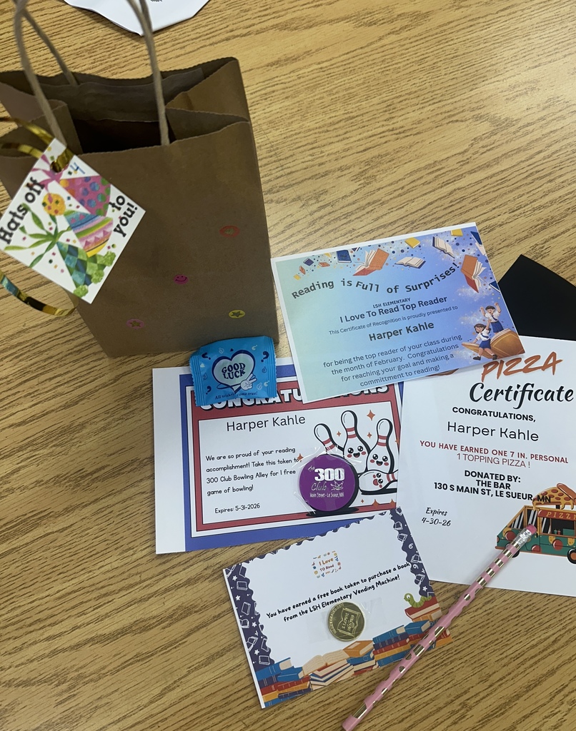 "Reading is Full of Surprises" was the theme this year at LSH Elementary as we celebrated I Love To Read Month! We had a surprise visit from Julie Gassman, a local author from St. Peter. Michael Callahan, a local magician, shared his magic tricks with K-5 earlier this month. Our grand celebration took place March 2 with a surprise visit from a local juggler, Adam St. Pierre! Students learned that reading can take us many places and we can learn many tricks when reading! Top readers from each class received some wonderful prizes. The Bar and Grill donated a free personal pan pizza. 300 Club donated a free game of bowling. Each top reader received a token to use in our new book vending machine that was donated from Le Sueur Rotary Club. A BIG SHOUT OUT to The Bar and Grill, 300 Club, and Le Sueur Rotary Club for all your support and generous donations. Congratulations to all our readers - Keep on reading and enjoying the surprises!