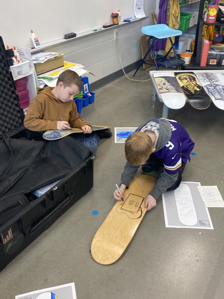 LSHE 5th graders from Ms. Frischmon's class began creating with Artist Mark Rivard on their skate decks. The programming was funded by a grant from MN State Arts Board which Mrs. Malphurs and Mrs. Ranft applied for. An exhibit, displaying the students' finished work will take place March 26 from 3:30-5:30.