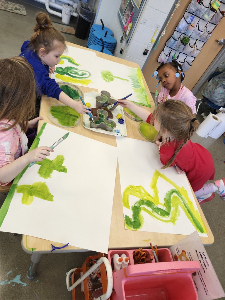 Wow nothing says spring like these beautiful green paintings!  Kindergartners explored mixing blue and yellow to make a variety of greens. I love the happy sounds of color mixing exploration..."Wow look at THIS green!" "Whoa that green is so dark!" "Look at that bright yellow green she made! " "Our water is all green now!" Such joy!