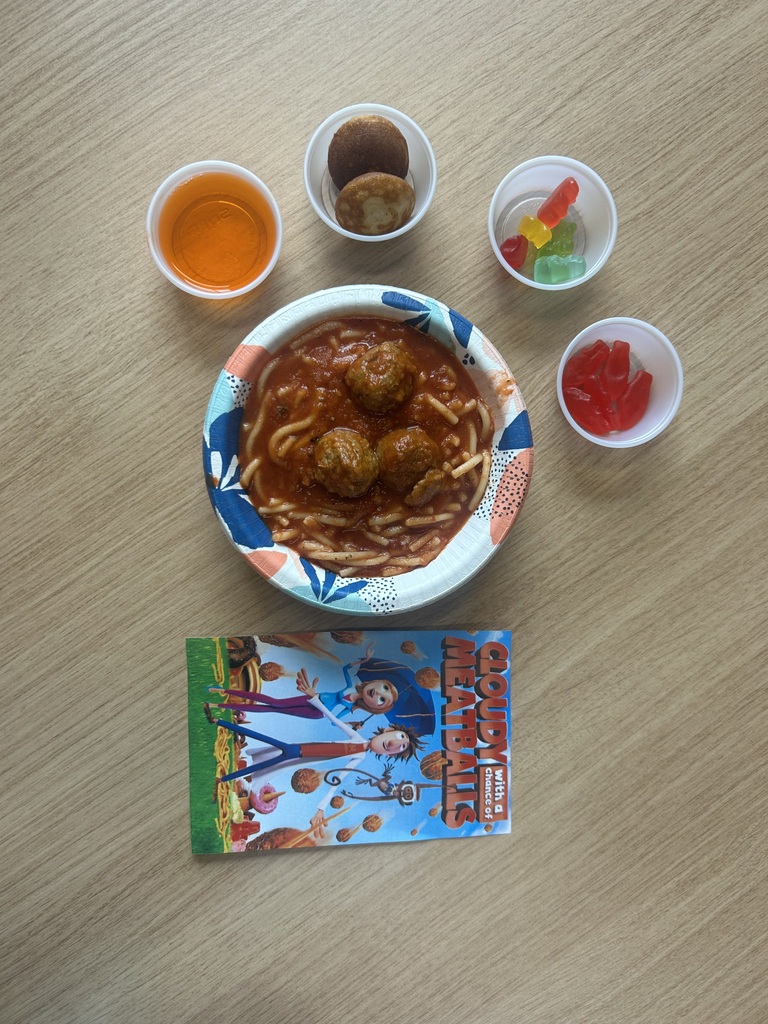 “Our first graders had the opportunity to watch a movie and enjoy the foods featured in it! We watched “Cloudy with a Chance of Meatballs” while snacking on Swedish fish, jello, gummy bears, pancakes, and spaghetti and meatballs. Such a fun and memorable way to celebrate the end of the school year!”