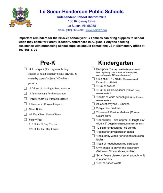 2026-2027 LSH Elementary School Supply List 