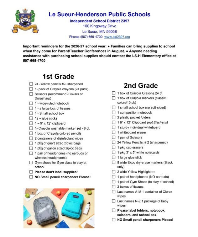 2026-2027 LSH Elementary School Supply List 