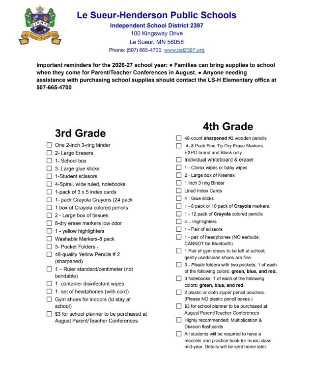 2026-2027 LSH Elementary School Supply List 