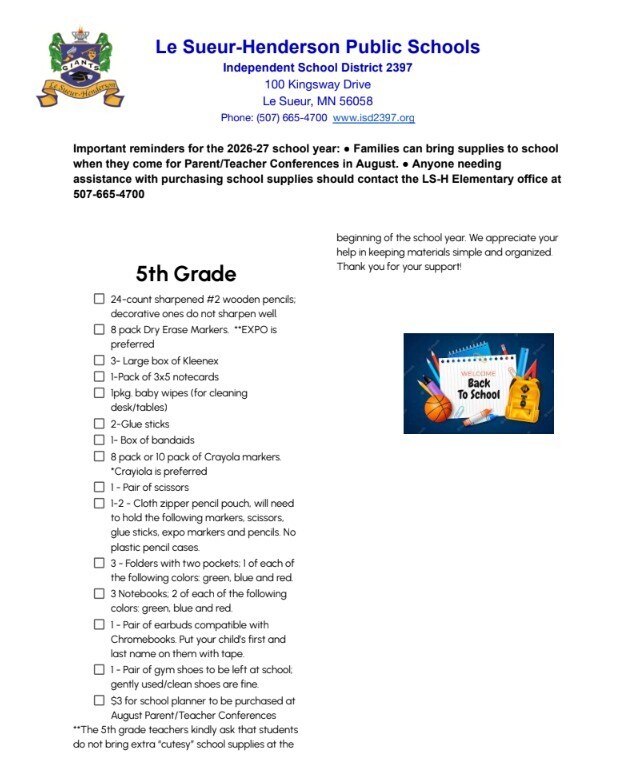 2026-2027 LSH Elementary School Supply List 