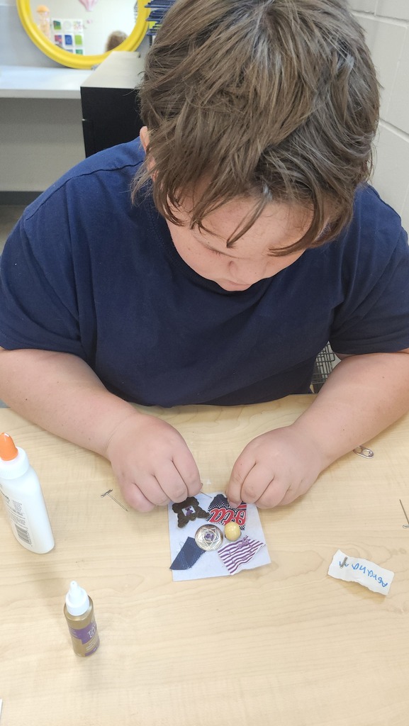 We started this year a little different in art Students have been asking to learn to sew so we made fabric collages with their names on them. Pictured 5th graders and their work. 