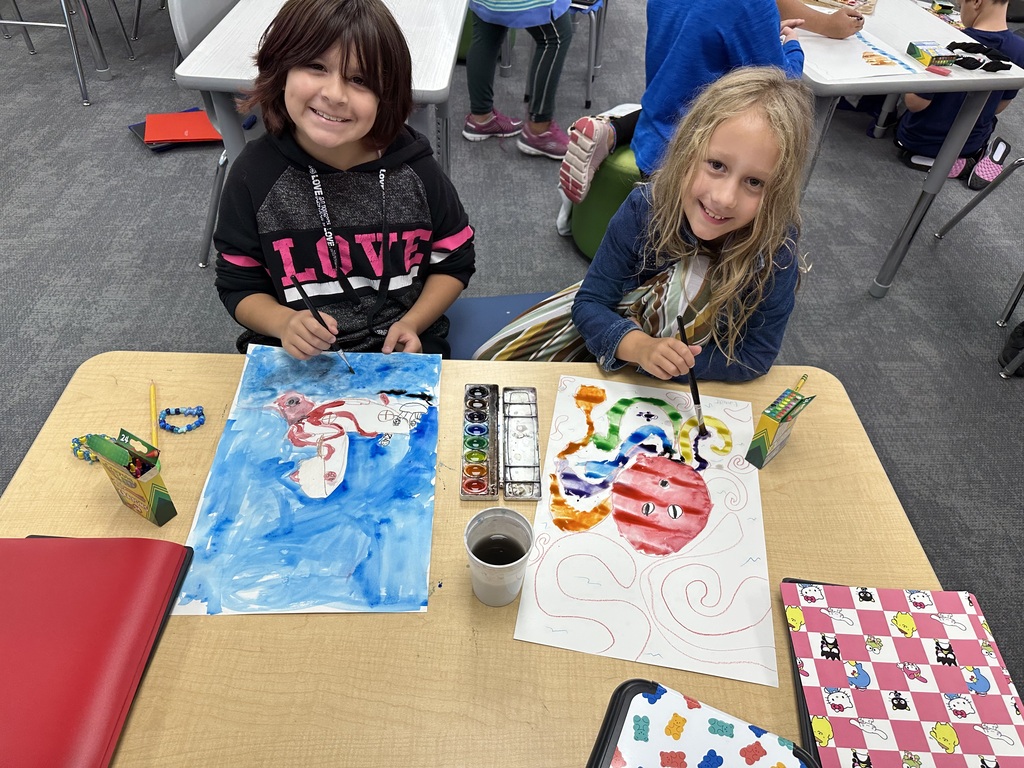 Mr Seipel and Mrs Malphurs teamed up today to create a cross-curricular lesson. The students had to combine learning from literacy and art to create a wax resist watercolor painting that used 3 of their 5 vocabulary words from their new literacy unit. Check out these amazing pictures of prey, predator, habitat, ecosystem and research. Students did a fantastic job of using their knowledge in both subjects to demonstrate what they know.