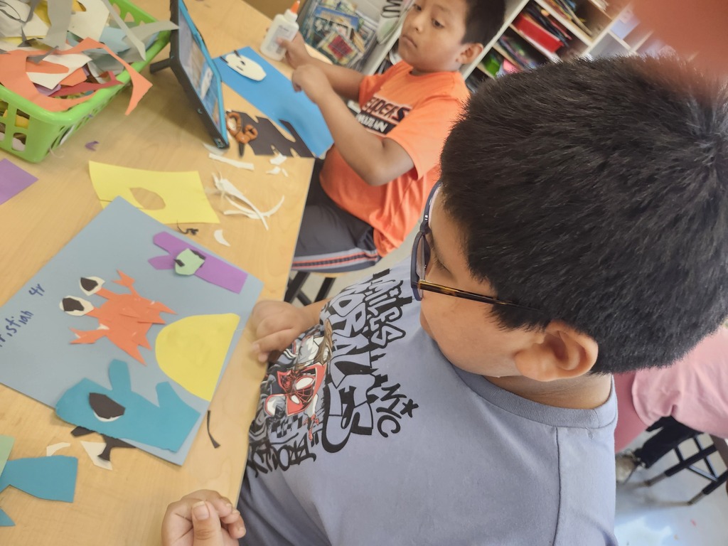 In art, 4th graders expressed their ideas of fierce and friendly animals with torn and cut paper. Check out how they showed these emotions in their animals.