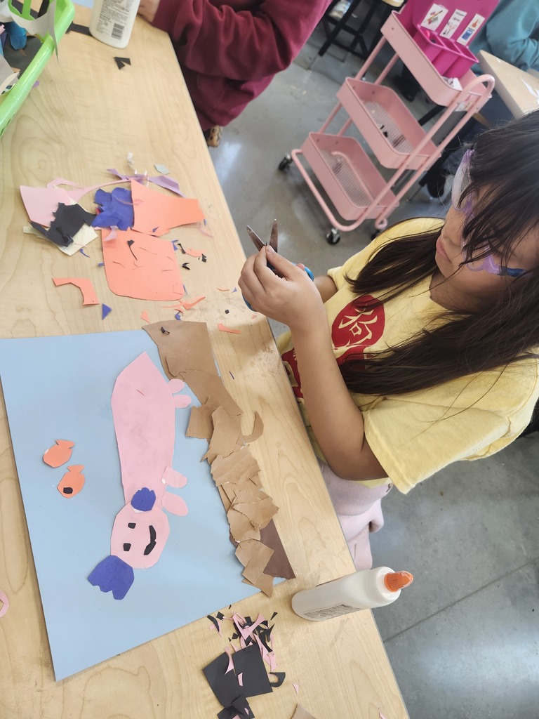 In art, 4th graders expressed their ideas of fierce and friendly animals with torn and cut paper. Check out how they showed these emotions in their animals.