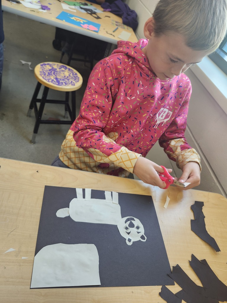 In art, 4th graders expressed their ideas of fierce and friendly animals with torn and cut paper. Check out how they showed these emotions in their animals.