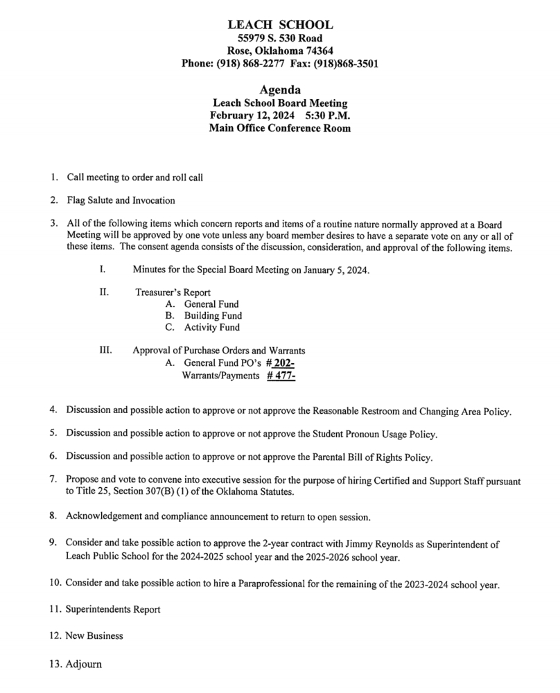 February Board Agenda Leach Public School
