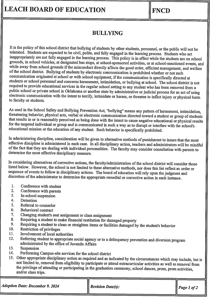 Leach School Bullying Policy