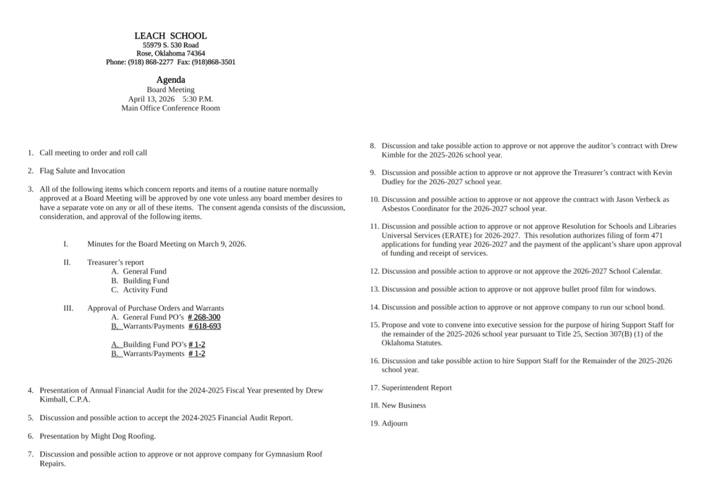 April Board Agenda