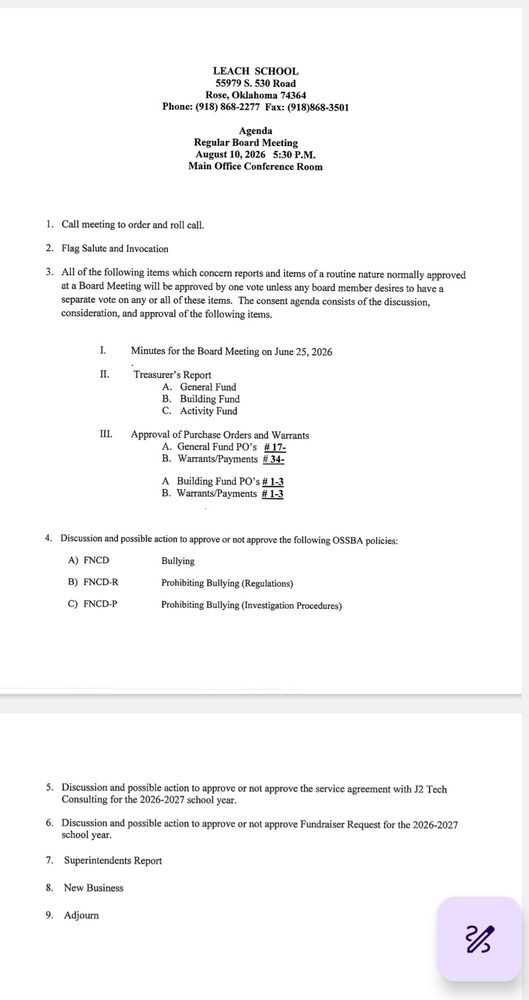 August Board Agenda