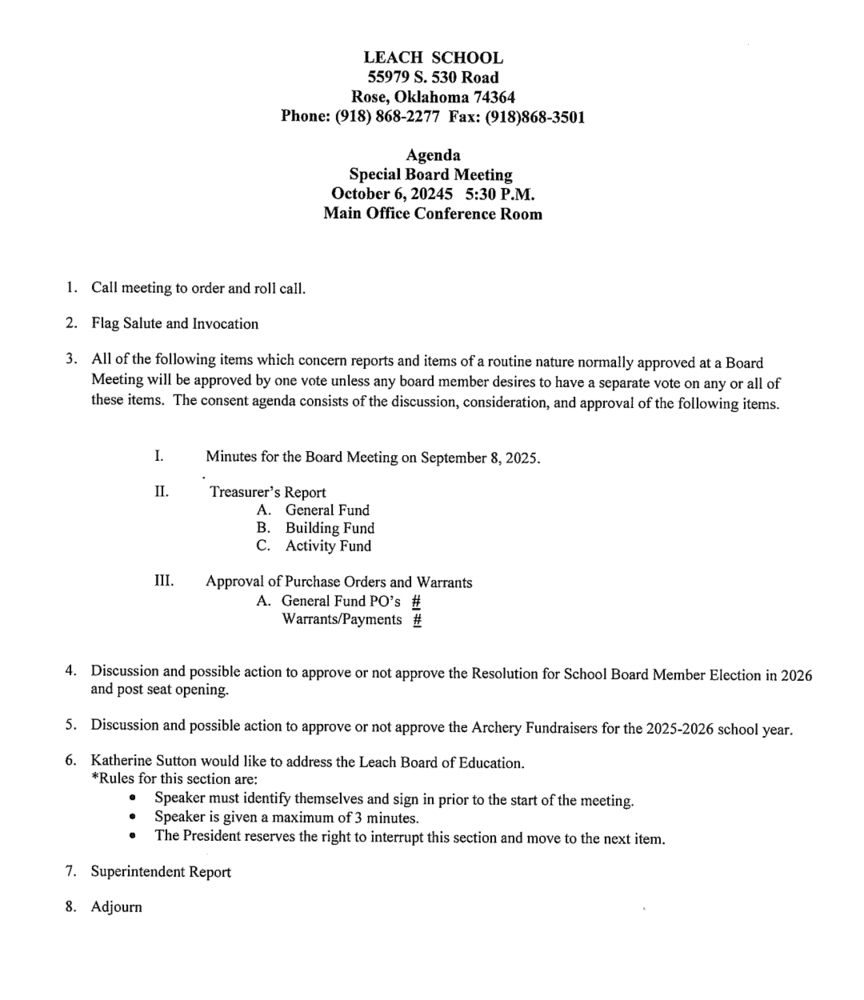 October Board Agenda