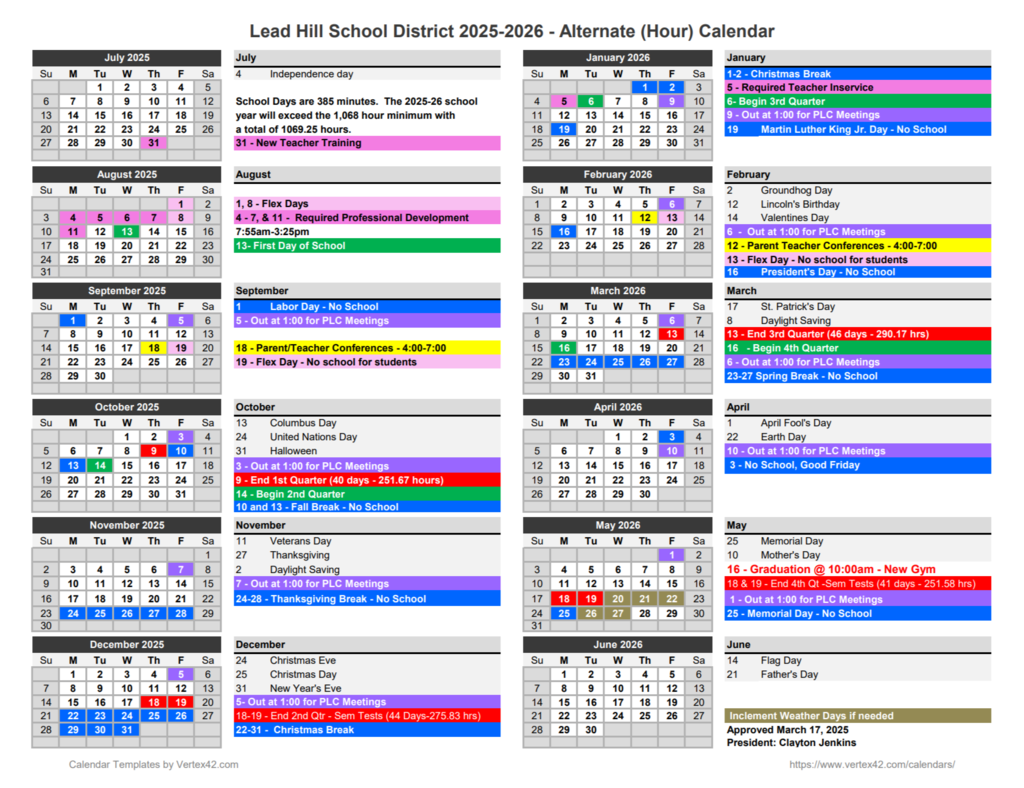 Lead Hill School District 2025-2026 Calendar