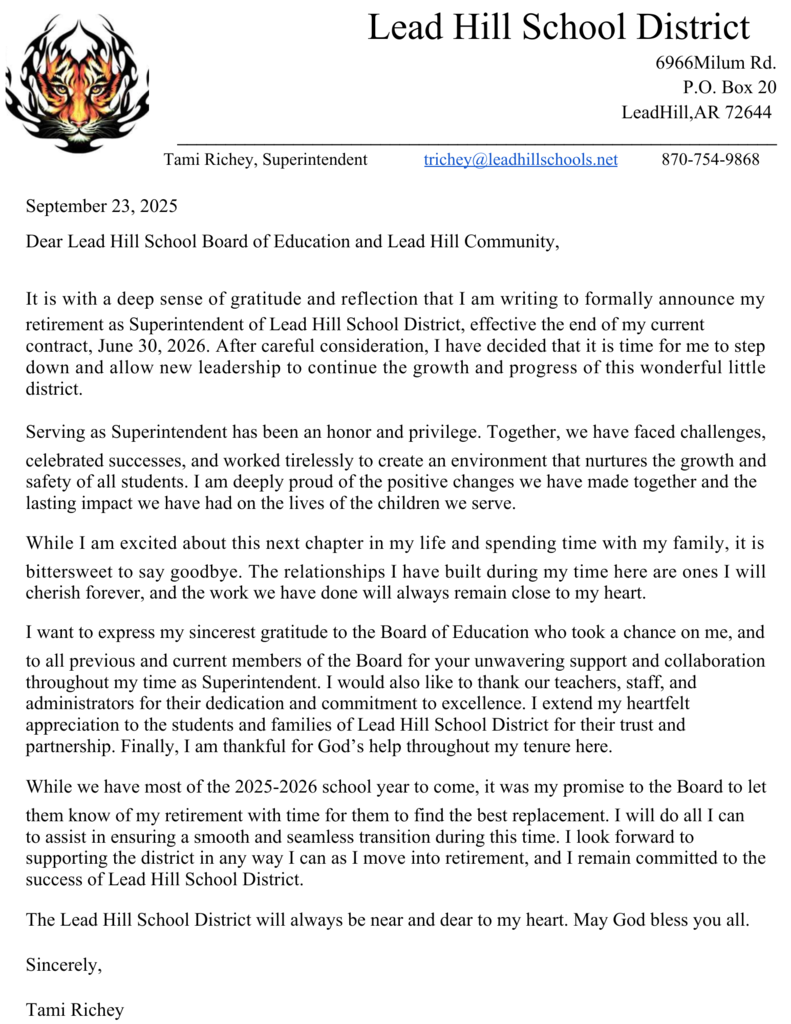 Superintendent Tami Richey's official retirement letter - effective at the end of her current contract, June 30, 2026