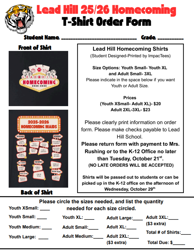 Homecoming Shirt Order Forms
