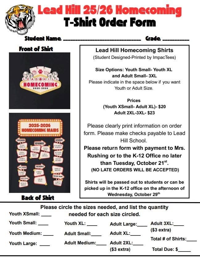 Homecoming Shirt Order Form