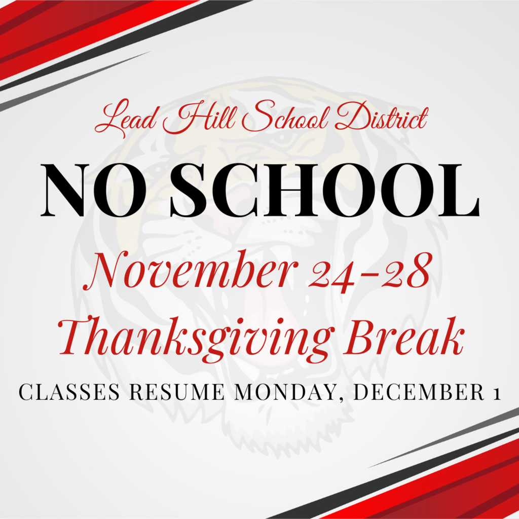 There will be no school November 24th-28th due to Thanksgiving Break. Classes will resume on Monday, December 1st.
