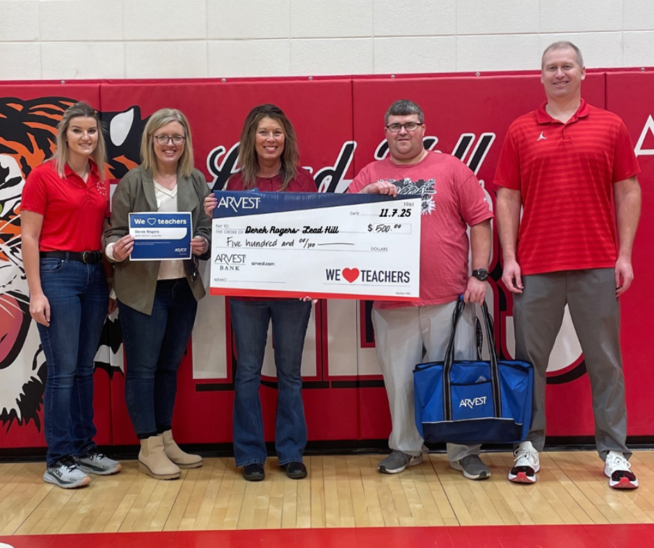 Congratulations, Coach Derek Rogers! 🎉  We're so excited to announce that our very own Mr. Rogers, 9th-12th grade Science teacher, has been selected as a recipient of the Arvest Bank "We Love Teachers" Grant!   This $500 grant helps support teachers by helping fund classroom needs - thank you, Arvest Bank! We are so proud of Mr. Rogers and all he does for our students each and every day! 🐯🐾