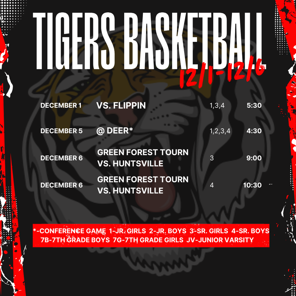 Tigers Basketball Schedule for December 1st-6th. Go Tigers! ❤️🏀🤍