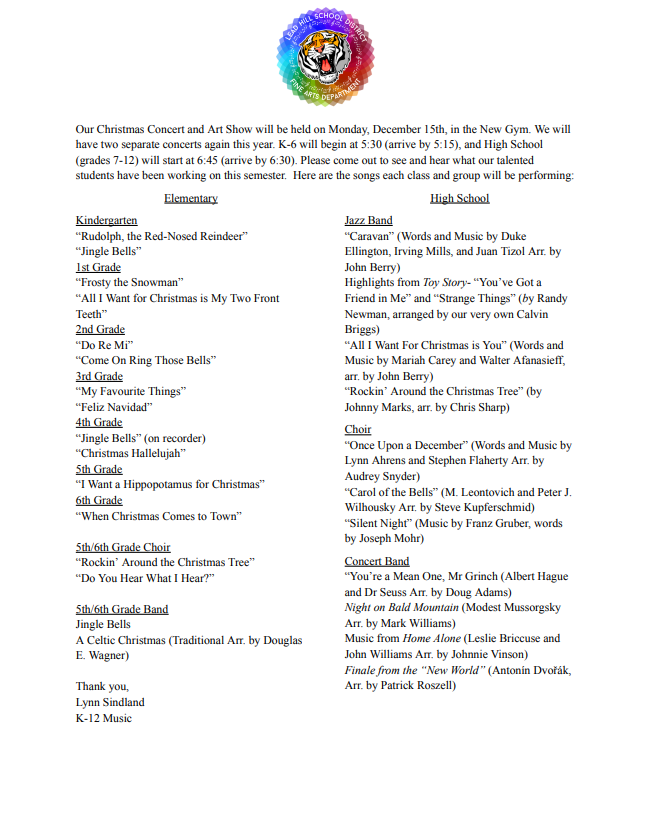 Christmas Concert & Art Show on December 15th in New Gym