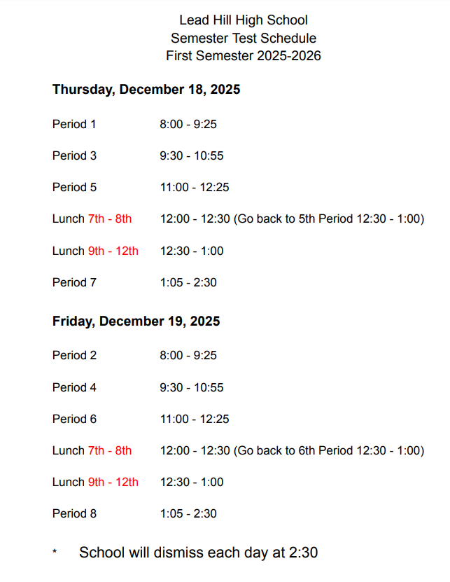 High School Semester Test Schedule for December 18-19