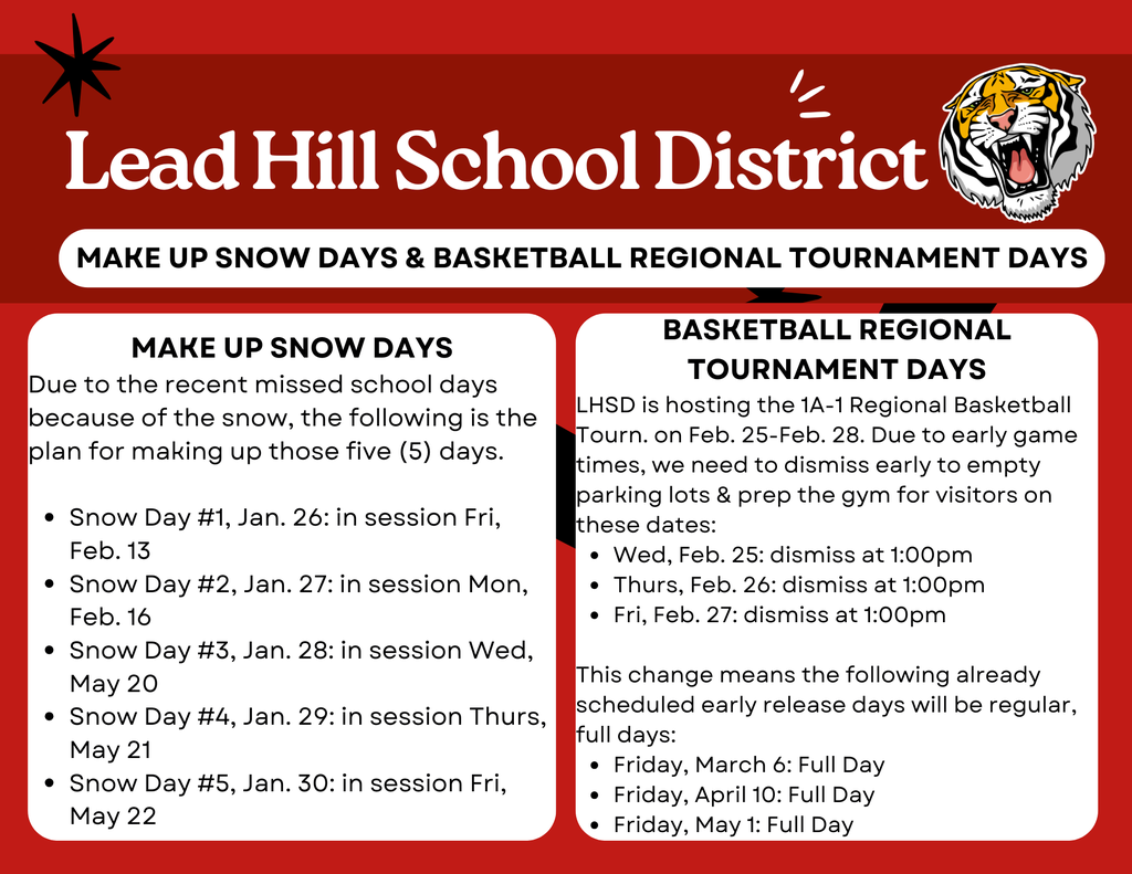 Make Up Snow Days & Basketball Regional Tournament Days