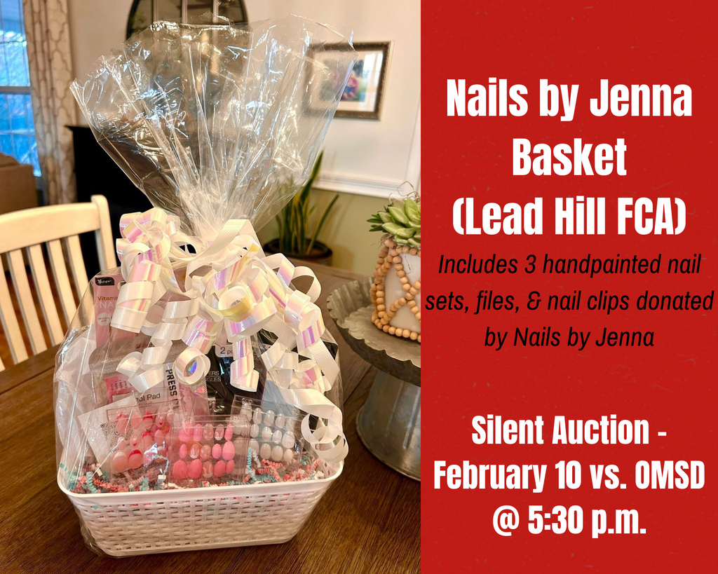 Check out this basket from Lead Hill FCA! They are auctioning off a Nails by Jenna basket with three hand painted nail sets, files, and nail clips donated by Nails by Jenna! This basket will be available to bid on at tonight's Silent Auction!!
