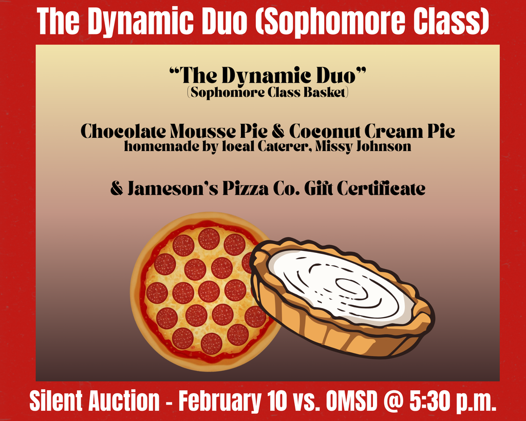 Check out this basket from the Sophomore Class! They are auctioning off "The Dynamic Duo" basket with a chocolate mousse pie & coconut cream pie homemade by local caterer, Missy Johnson, and a Jameson's Pizza Co. Gift Certificate! This basket will be available to bid on at tonight's Silent Auction!!