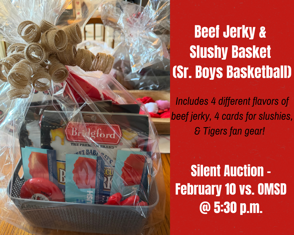 Check out these baskets from Sr. Boys Basketball! They are auctioning off a Toast & Coffee basket with McDonalds coffee, two coffee cups, two jars of homemade jams, & Tiger license plate (basket donated by Hopewell Jellies) and a Beef Jerky & Slushy basket with four different flavors of beef jerky, four cards for slushies, & Tigers fan gear! These baskets will be available to bid on at tonight's Silent Auction!!Check out these baskets from Sr. Boys Basketball! They are auctioning off a Toast & Coffee basket with McDonalds coffee, two coffee cups, two jars of homemade jams, & Tiger license plate (basket donated by Hopewell Jellies) and a Beef Jerky & Slushy basket with four different flavors of beef jerky, four cards for slushies, & Tigers fan gear! These baskets will be available to bid on at tonight's Silent Auction!!