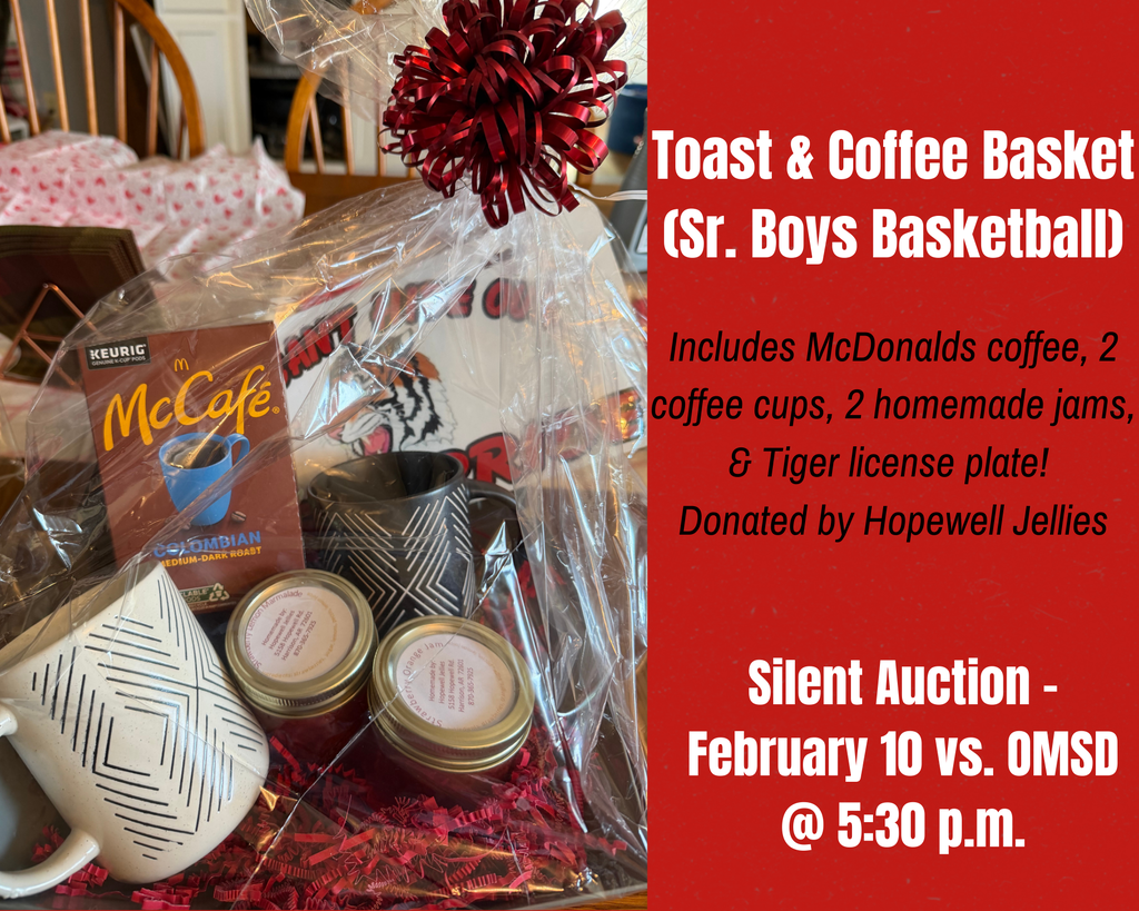 Check out these baskets from Sr. Boys Basketball! They are auctioning off a Toast & Coffee basket with McDonalds coffee, two coffee cups, two jars of homemade jams, & Tiger license plate (basket donated by Hopewell Jellies) and a Beef Jerky & Slushy basket with four different flavors of beef jerky, four cards for slushies, & Tigers fan gear! These baskets will be available to bid on at tonight's Silent Auction!!