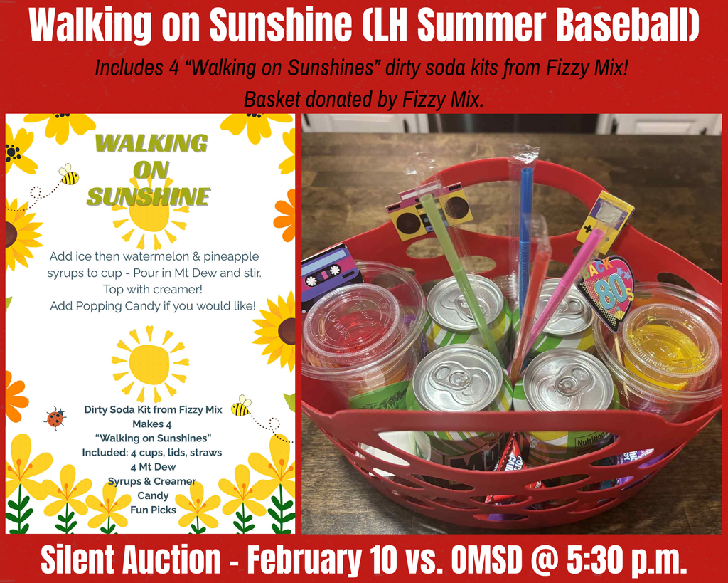 Check out these baskets from Lead Hill Baseball & the Summer Baseball Program! Lead Hill Baseball is auctioning off a LH Baseball basket with Tigers Baseball fan gear & $40 gift certifcate for ImpacTees (basket donated by ImpacTees)! The Lead Hill Summer Baseball Program is auctioning off a Tigers Sweatshirt basket which includes a Tigers sweatshirt & trucker baseball cap perfect for chilly late night baseball games (basket donated by L3 Designs) and a "Walking on Sunshine" basket filled with 4 “Walking on Sunshines” dirty soda kits from Fizzy Mix (basket donated by Fizzy Mix)! These baskets will be available to bid on at tonight's Silent Auction!!
