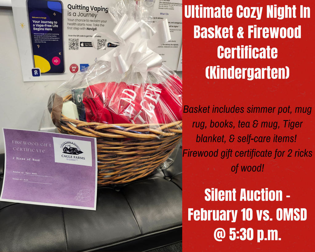 Check out these baskets from Kindergarten! Mrs. Pritchett's class is auctioning off "The Ultimate Cozy Night In" basket with a simmer pot, mug rug, books, tea & mug, Tiger blanket, & self-care items perfect for a cozy evening in! They are also auctioning off a gift certificate for 2 ricks of firewood from Cagle Farms! These baskets will be available to bid on at tonight's Silent Auction!!