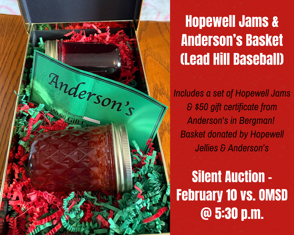 Check out these baskets from Lead Hill Baseball! They are auctioning off a Tigers Baseball Bag basket with all your game day needs including sunflower seeds, bubble gum, a baseball cup, Tigers t-shirt, Tigers baseball cap, & Tigers license plate donated by JoJo's Kustom Creations; Two Sisters, Two Jams basket with two homemade jams and orange coconut dip mix donated by Hopewell Jellies; Lemon Jam basket with a lemon kitchen dish towel and three homemade jellies donated by Hopewell Jellies; and a Hopewell Jams & Anderson's Basket with a set of Hopewell jams and $50 gift certificate from Anderson's donated by Hopewell Jellies & Anderson's! These baskets will be available to bid on at the Silent Auction on February 10th!!
