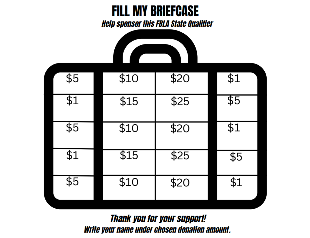 FBLA "Fill My Briefcase" Fundraiser We are seeking sponsors to help fund our trip to compete at the Arkansas FBLA State Leadership Conference. If you are interested in donating, please reach out to Mrs. Rushing at crushing@leadhillschools.net or drop donation off at the K-12 office on or before Monday, March 16th.