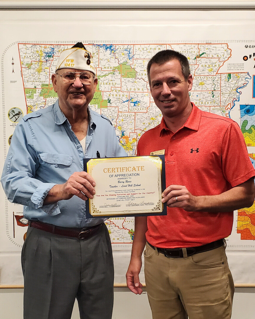VFW Certificate of Appreciation for teaching patriotism & inspiring students - Mr. Barry Reese
