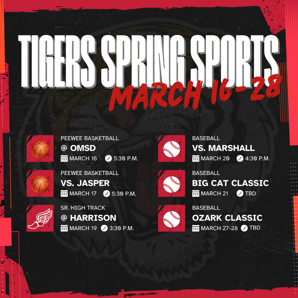 Tigers Athletics Schedule for March 16th-28th. Go Tigers! ❤️🐾🤍
