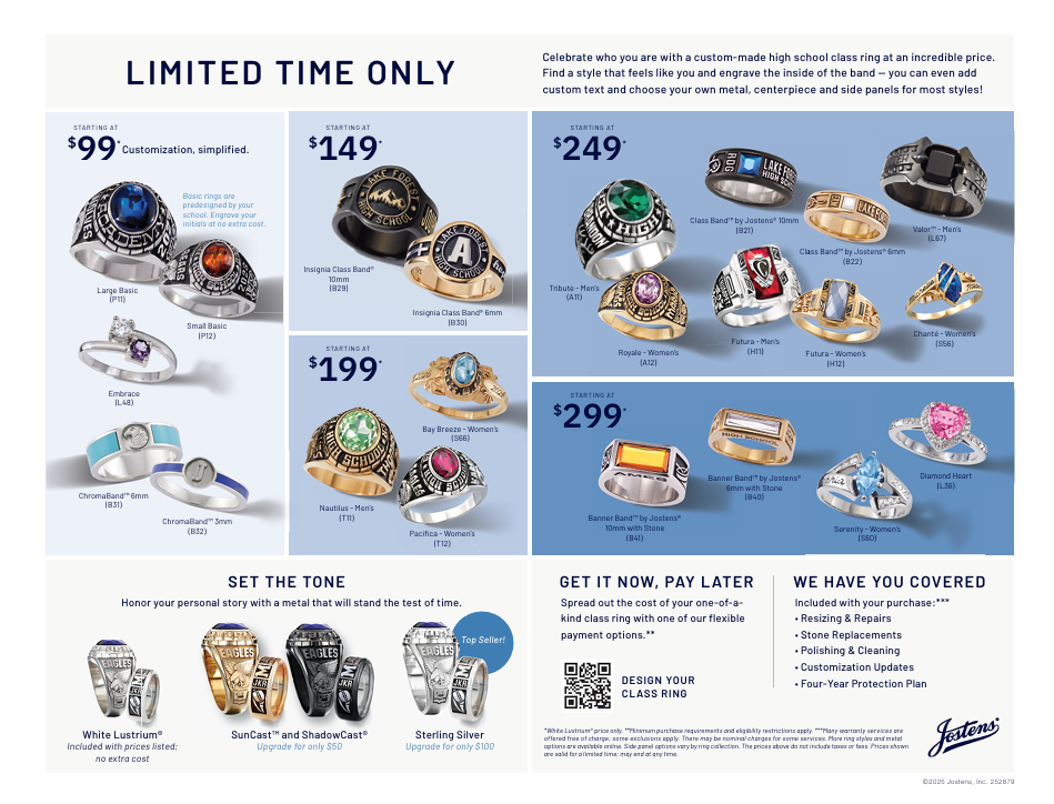 Sophomores, now is the time to order your class rings from Jostens! There is currently a promotion on select rings running through April 23rd - see the attached flyer for the rings that qualify for this promotion. 