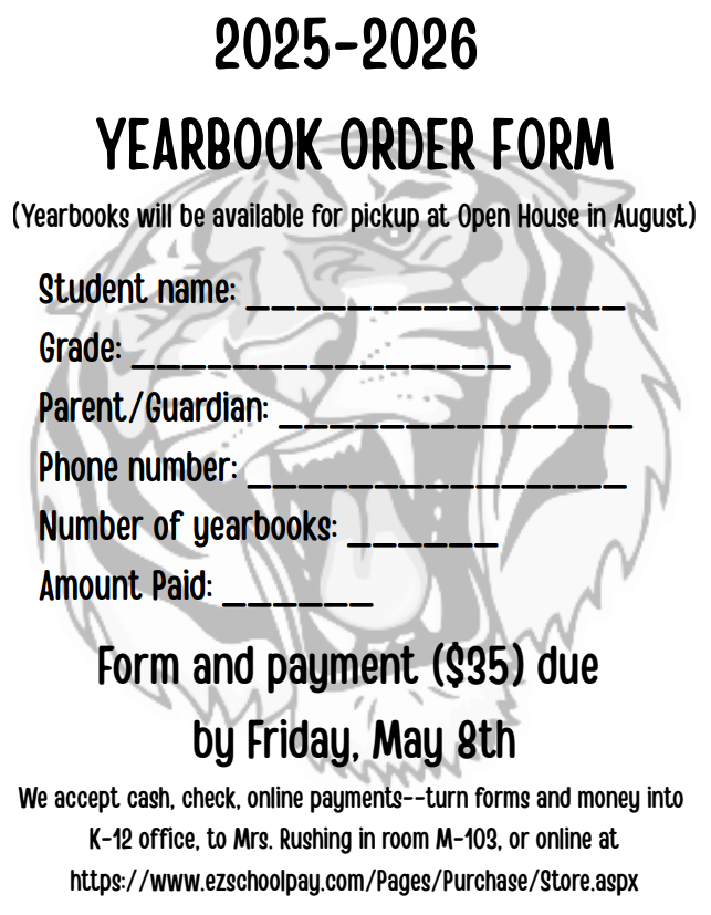Yearbooks are officially on sale! Order forms and payment ($35) are due by Friday, May 8th. We accept cash,  check, or online payment.