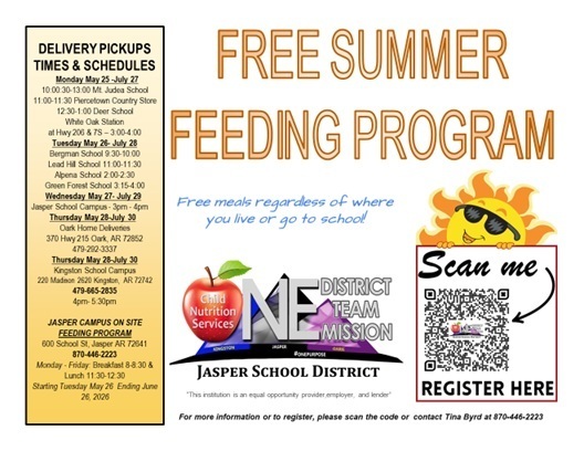 Jasper Free Summer Feeding Program - Lead Hill School pick up location every Tuesday from May 26th-July 28th from 11:00-11:30 a.m.