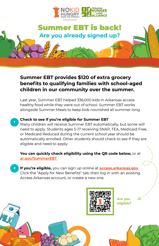 Summer EBT is back! It provides $120 of extra grocery benefits to qualifying families with school-aged children in our community over the summer. Check to see if you're eligible by using the QR code or visit ar.gov/SummerEBT. If you're eligible, you can sign up online at access.arkansas.gov.