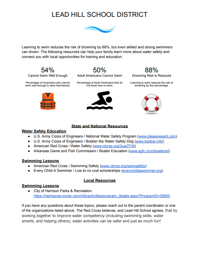 The following resources can help your family learn more about water safety and connect you with local opportunities for training and education.  If you have any questions about these topics, please reach out to us or one of the organizations listed above. The Red Cross believes, and Lead Hill School agrees, that by working together to improve water competency (including swimming skills, water smarts, and helping others), water activities can be safer and just as much fun!